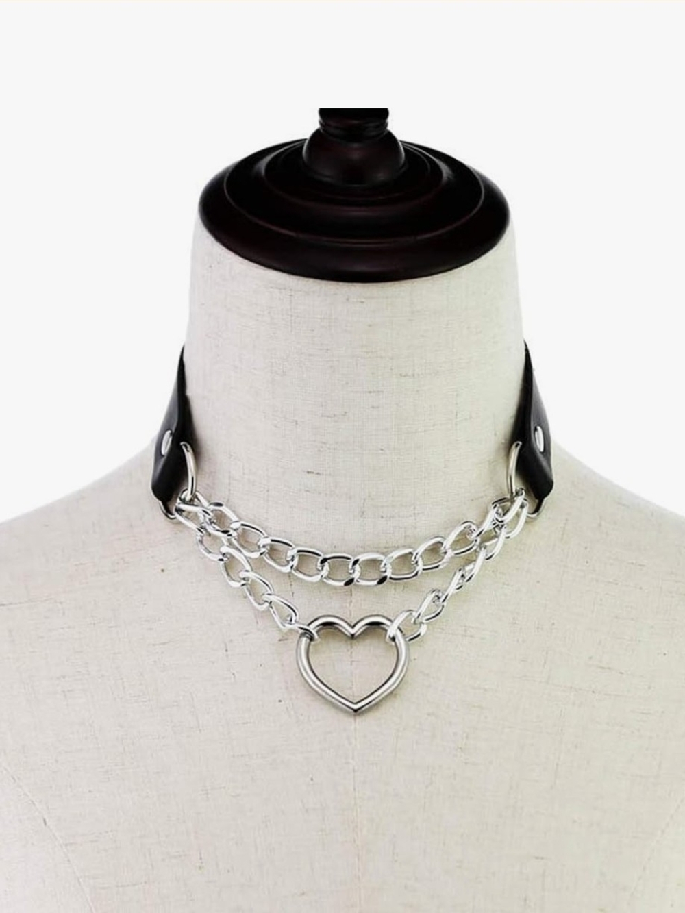 Heart Pendant Layered Chain Choker Necklace - Black/Silver